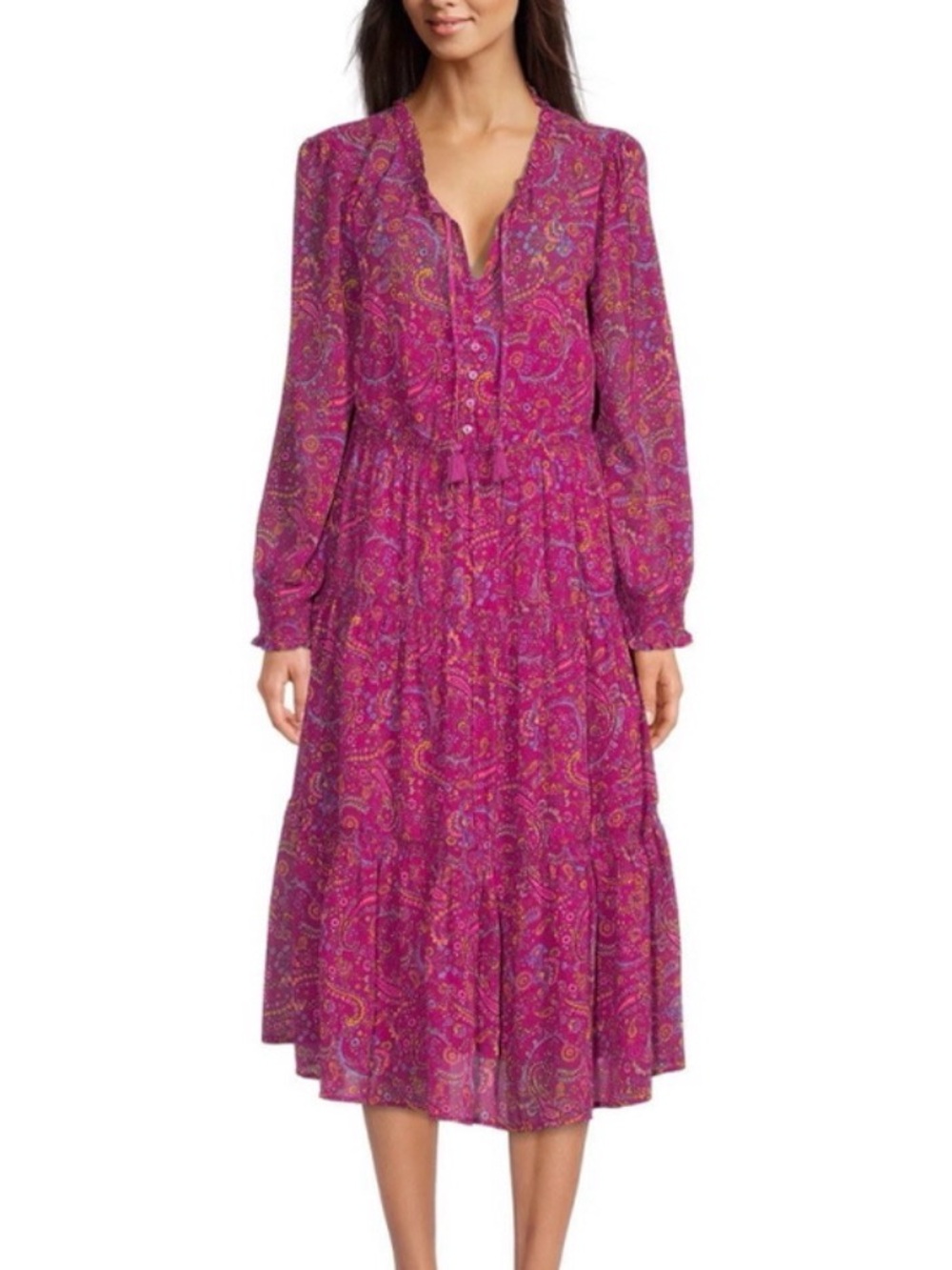 BeachLunchLounge - Paisley Long Sleeved Tiered Ruched Sheer Maxi Dress